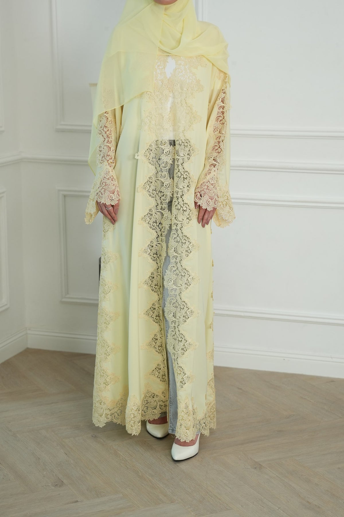 Lemon Drop Butter Yellow Lace Abaya with matching sheila — Adara made-to-order abaya