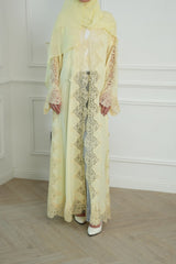 Lemon Drop Butter Yellow Lace Abaya with matching sheila — Adara made-to-order abaya