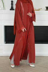 Léna Terracotta Red Lace Abaya with matching sheila — Adara made-to-order abaya
