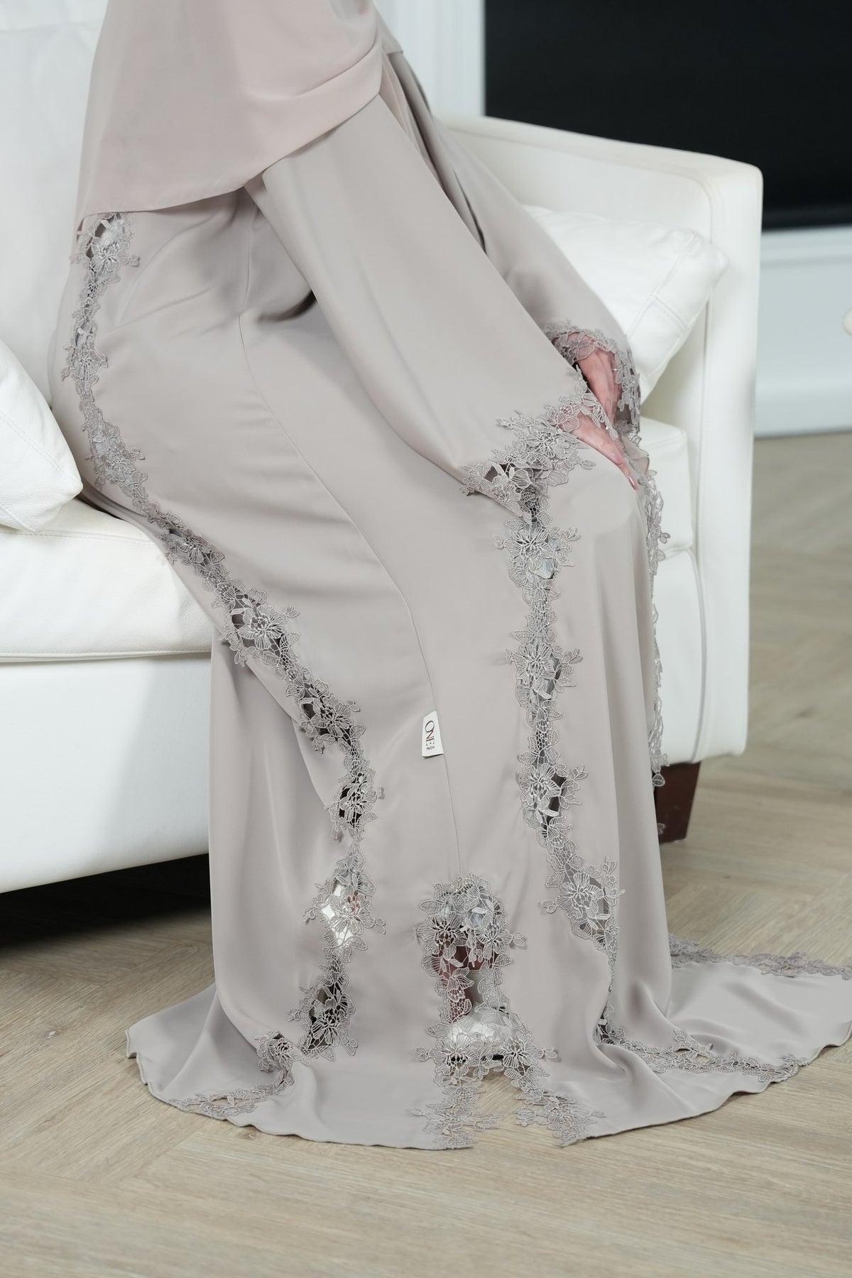 Eira Light Neutral Lace Abaya with matching sheila — Adara made-to-order abaya