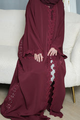 Mahra Burgundy Embroidered Abaya with matching sheila — Adara made-to-order abaya