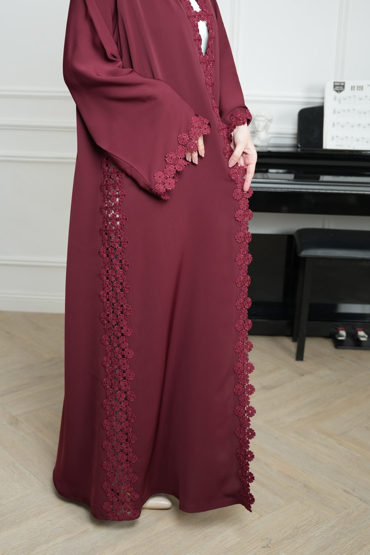Mahra Burgundy Embroidered Abaya with matching sheila — Adara made-to-order abaya