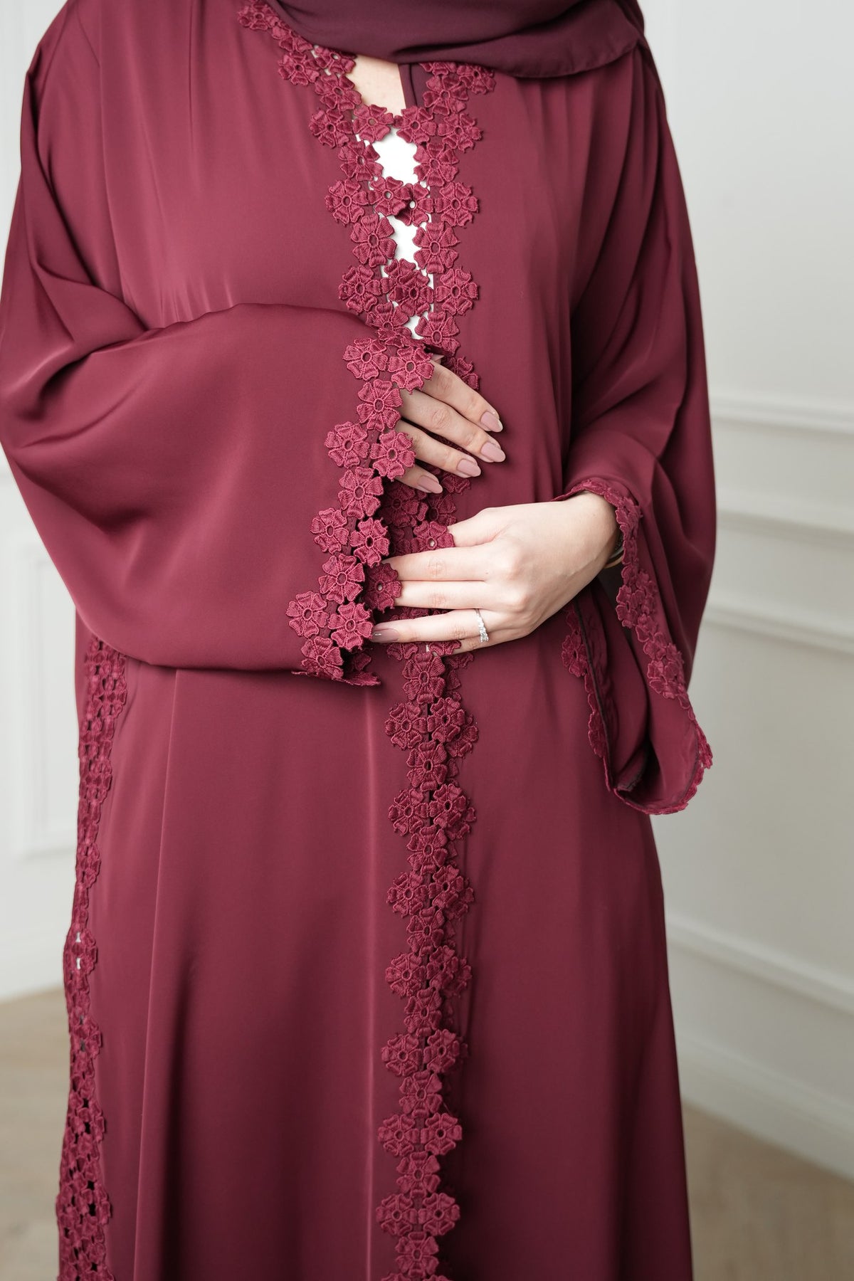 Mahra Burgundy Embroidered Abaya with matching sheila — Adara made-to-order abaya