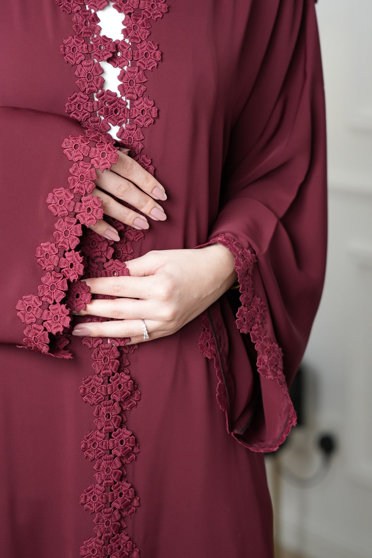 Mahra Burgundy Embroidered Abaya with matching sheila — Adara made-to-order abaya