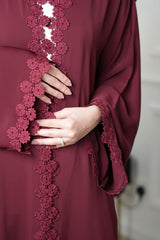 Mahra Burgundy Embroidered Abaya with matching sheila — Adara made-to-order abaya