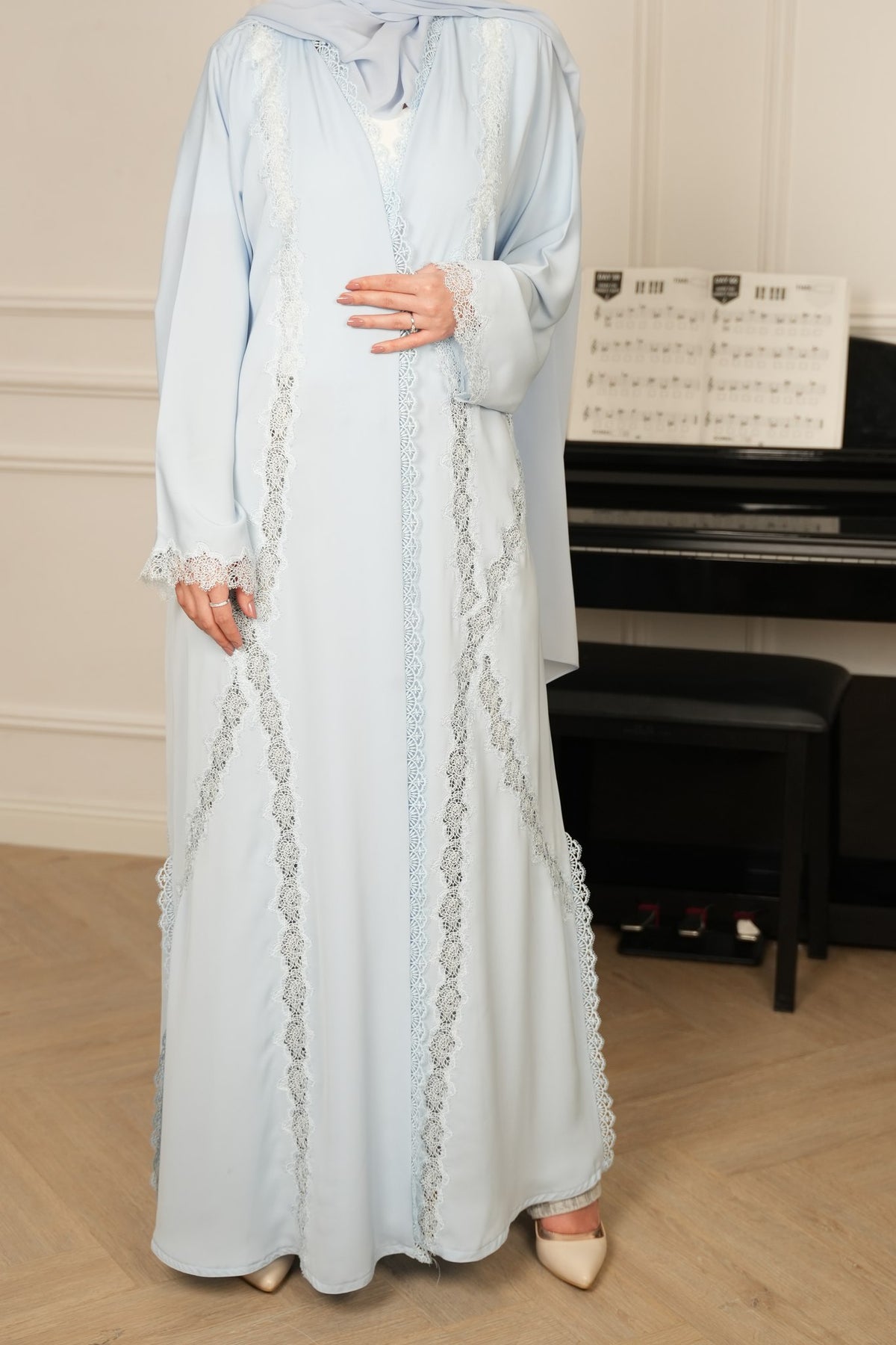 Enoir Ice Blue Lace Abaya with matching sheila — Adara made-to-order abaya