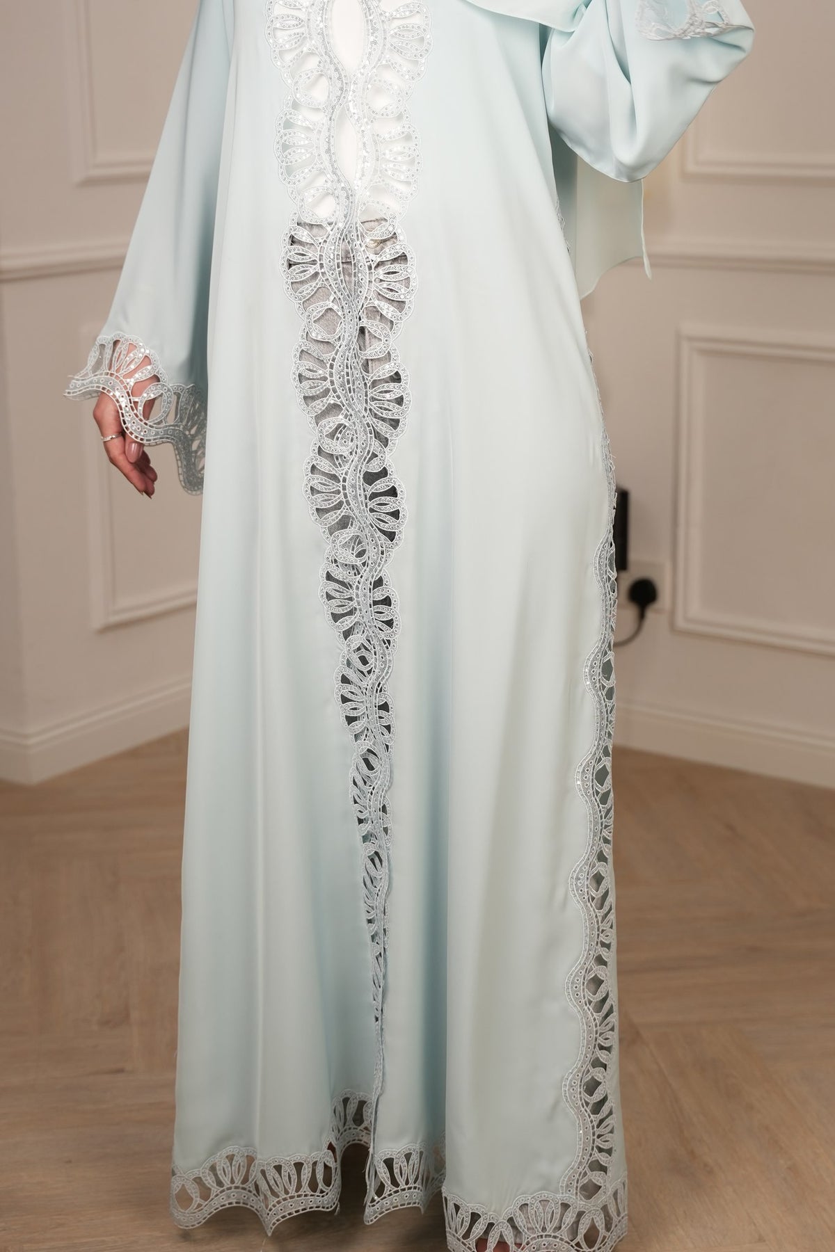 Lumi Pale Blue Lace Abaya with matching sheila — Adara made-to-order abaya