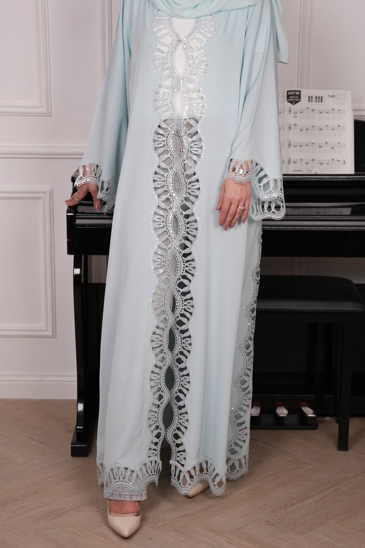 Lumi Pale Blue Lace Abaya with matching sheila — Adara made-to-order abaya