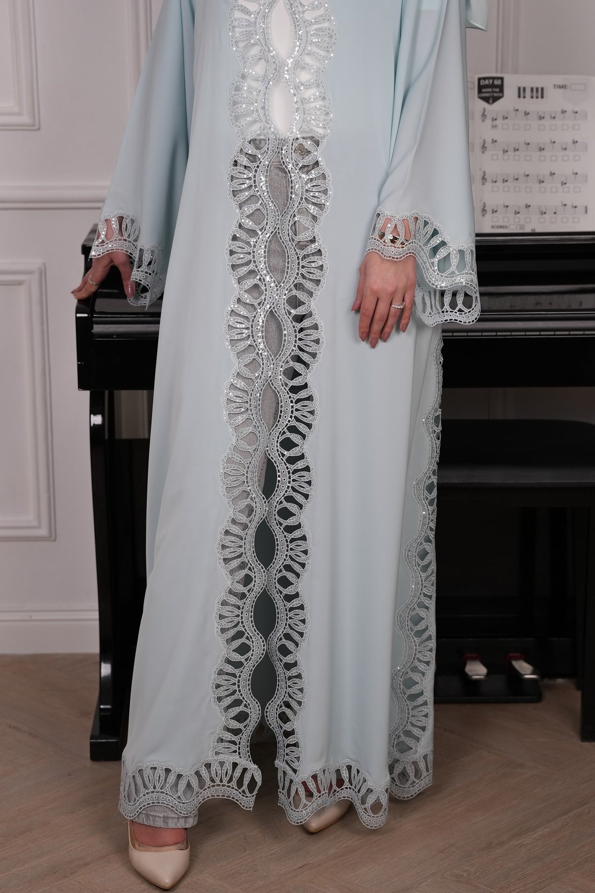 Lumi Pale Blue Lace Abaya with matching sheila — Adara made-to-order abaya