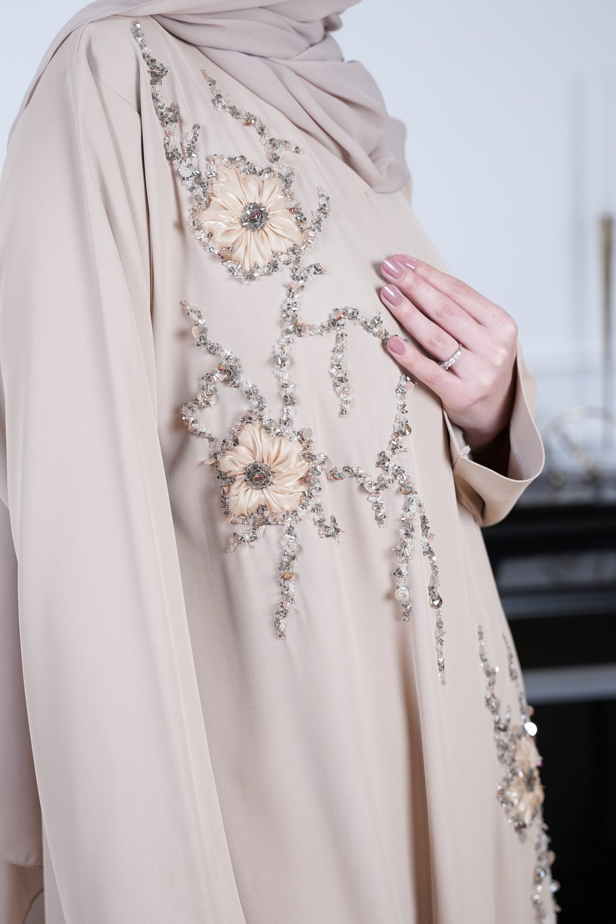 Rosa Light Beige Floral Embellished Abaya with matching sheila — Adara made-to-order abaya