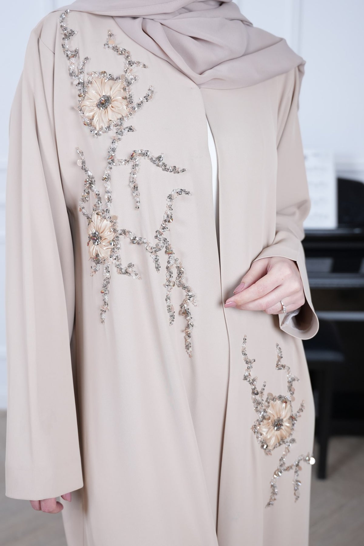 Rosa Light Beige Floral Embellished Abaya with matching sheila — Adara made-to-order abaya