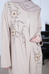 Rosa Light Beige Floral Embellished Abaya with matching sheila — Adara made-to-order abaya